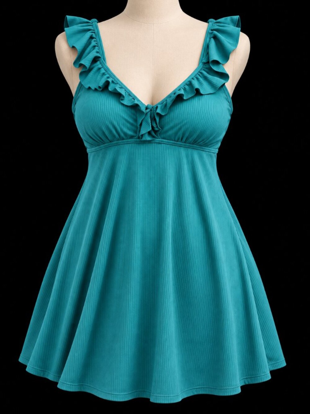 Teal Ruffle Strap Swim Dress Flowy A-Line Beach Cover Up, L